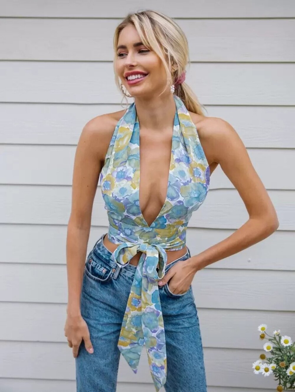 Floral Halter Tie-Front Crop Top